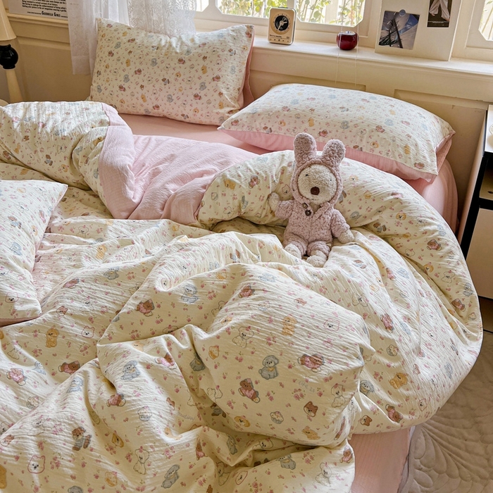 91家纺网 家纺一手货源 找家纺 梦纤绒 2025新款云感木棉皱皱双层纱四件套-简单款 西高地