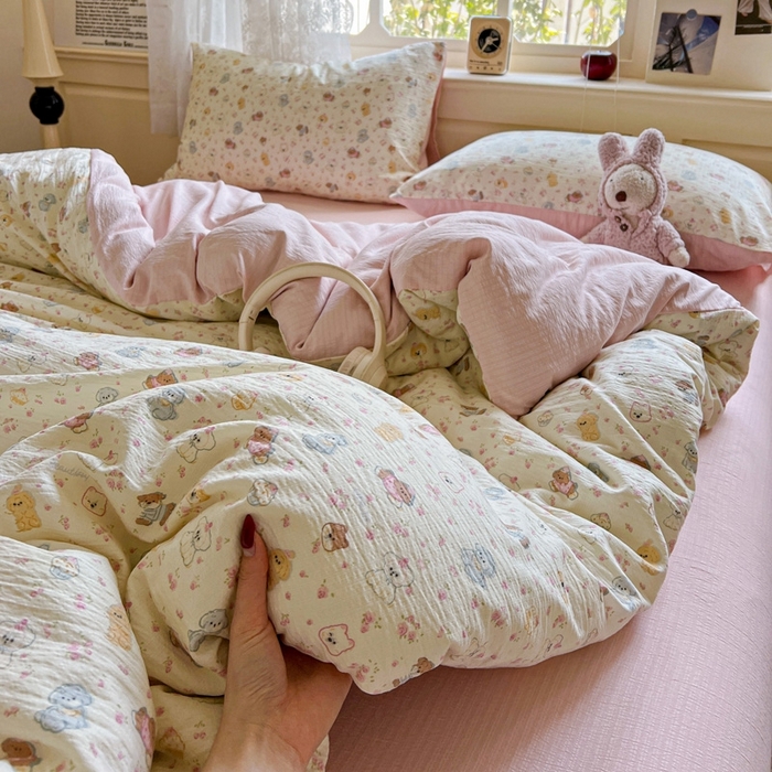 91家纺网 家纺一手货源 找家纺 梦纤绒 2025新款云感木棉皱皱双层纱四件套-简单款 西高地