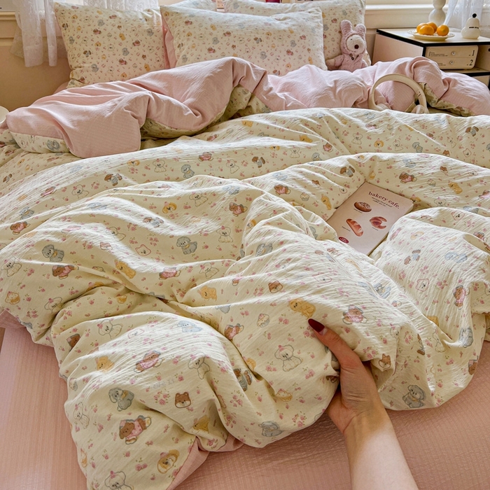 91家纺网 家纺一手货源 找家纺 梦纤绒 2025新款云感木棉皱皱双层纱四件套-简单款 西高地