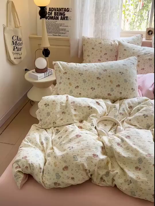 91家纺网 家纺一手货源 找家纺 梦纤绒 2025新款云感木棉皱皱双层纱四件套-简单款 西高地