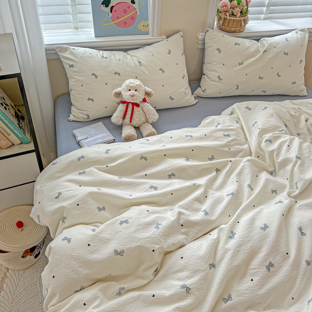 91家纺网 家纺一手货源 找家纺 梦纤绒 2025新款云感木棉皱皱双层纱四件套-简单款 夏天