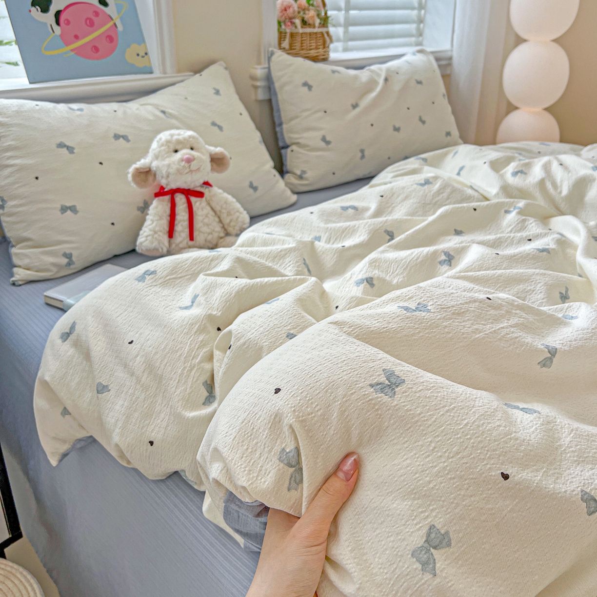 91家纺网 家纺一手货源 找家纺 梦纤绒 2025新款云感木棉皱皱双层纱四件套-简单款 夏天