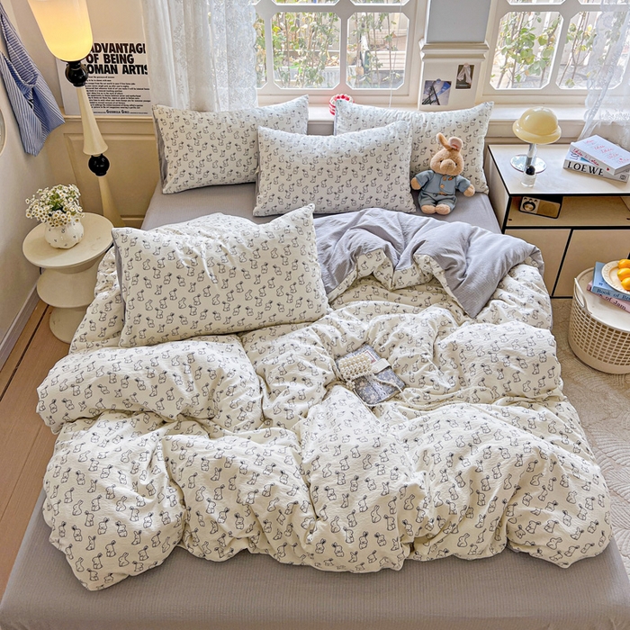 梦纤绒 2025新款云感木棉皱皱双层纱四件套-简单款 小黑兔