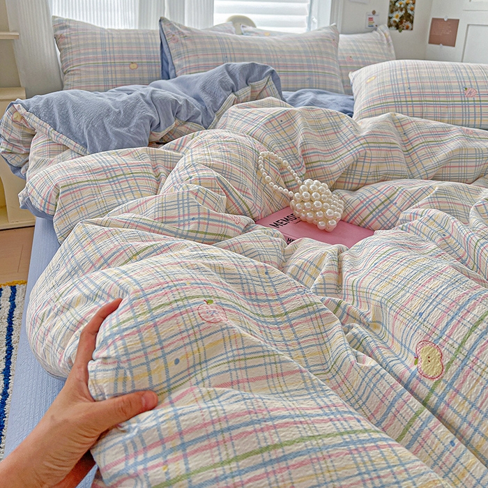 91家纺网 家纺一手货源 找家纺 梦纤绒 2025新款云感木棉皱皱双层纱四件套-简单款 小蓝格