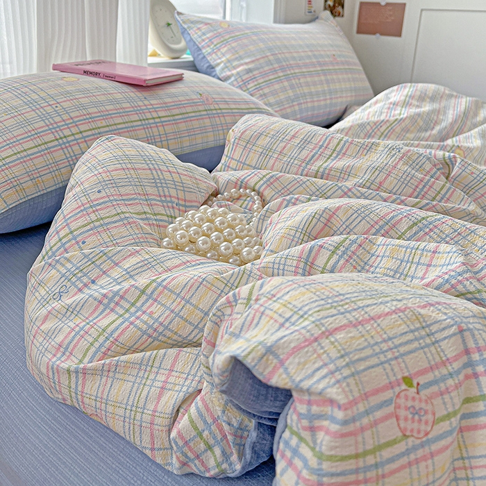 91家纺网 家纺一手货源 找家纺 梦纤绒 2025新款云感木棉皱皱双层纱四件套-简单款 小蓝格