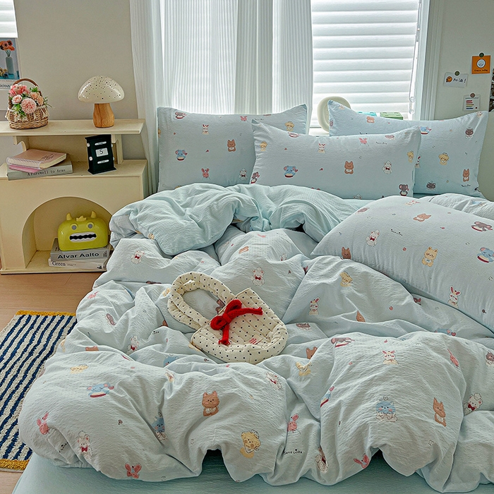 91家纺网 家纺一手货源 找家纺 梦纤绒 2025新款云感木棉皱皱双层纱四件套-简单款 小萌狗