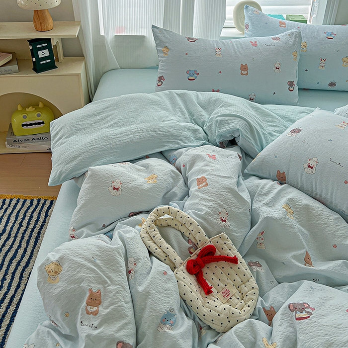 91家纺网 家纺一手货源 找家纺 梦纤绒 2025新款云感木棉皱皱双层纱四件套-简单款 小萌狗