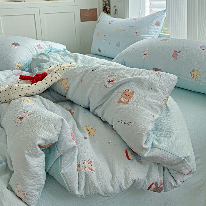 91家纺网 家纺一手货源 找家纺 梦纤绒 2025新款云感木棉皱皱双层纱四件套-简单款 小萌狗