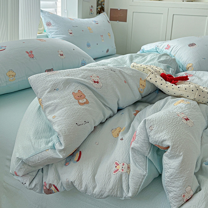 91家纺网 家纺一手货源 找家纺 梦纤绒 2025新款云感木棉皱皱双层纱四件套-简单款 小萌狗