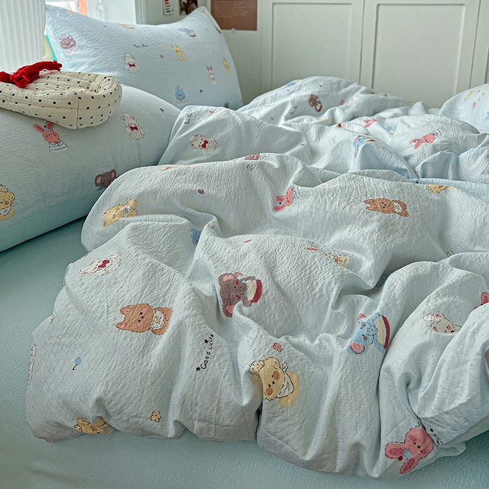 91家纺网 家纺一手货源 找家纺 梦纤绒 2025新款云感木棉皱皱双层纱四件套-简单款 小萌狗