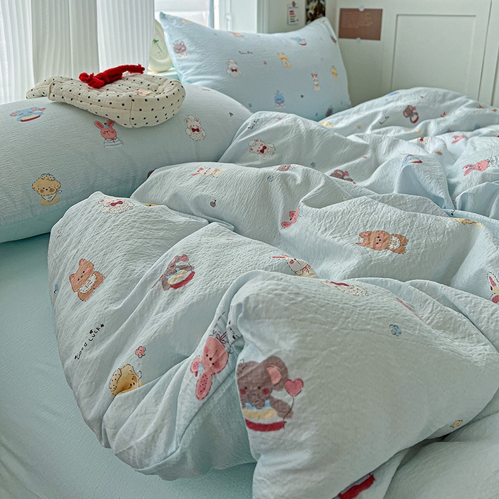 91家纺网 家纺一手货源 找家纺 梦纤绒 2025新款云感木棉皱皱双层纱四件套-简单款 小萌狗