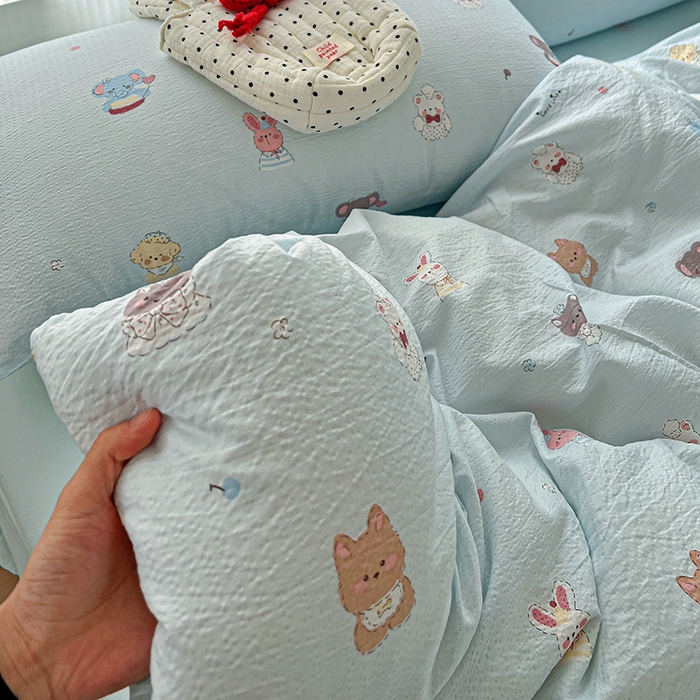 91家纺网 家纺一手货源 找家纺 梦纤绒 2025新款云感木棉皱皱双层纱四件套-简单款 小萌狗