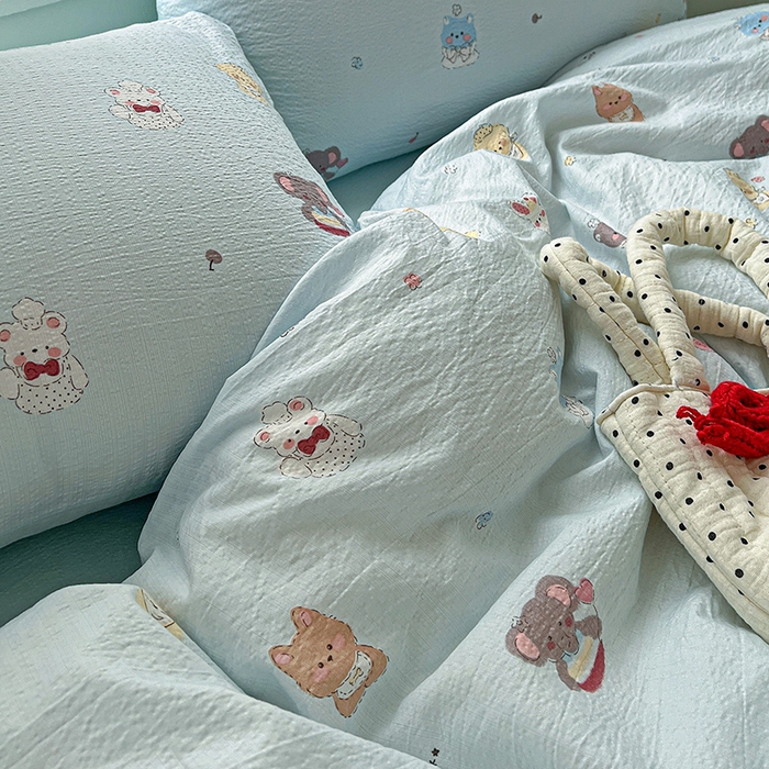 91家纺网 家纺一手货源 找家纺 梦纤绒 2025新款云感木棉皱皱双层纱四件套-简单款 小萌狗