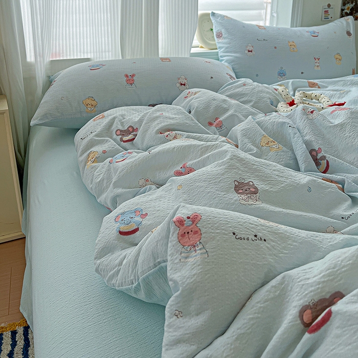 91家纺网 家纺一手货源 找家纺 梦纤绒 2025新款云感木棉皱皱双层纱四件套-简单款 小萌狗