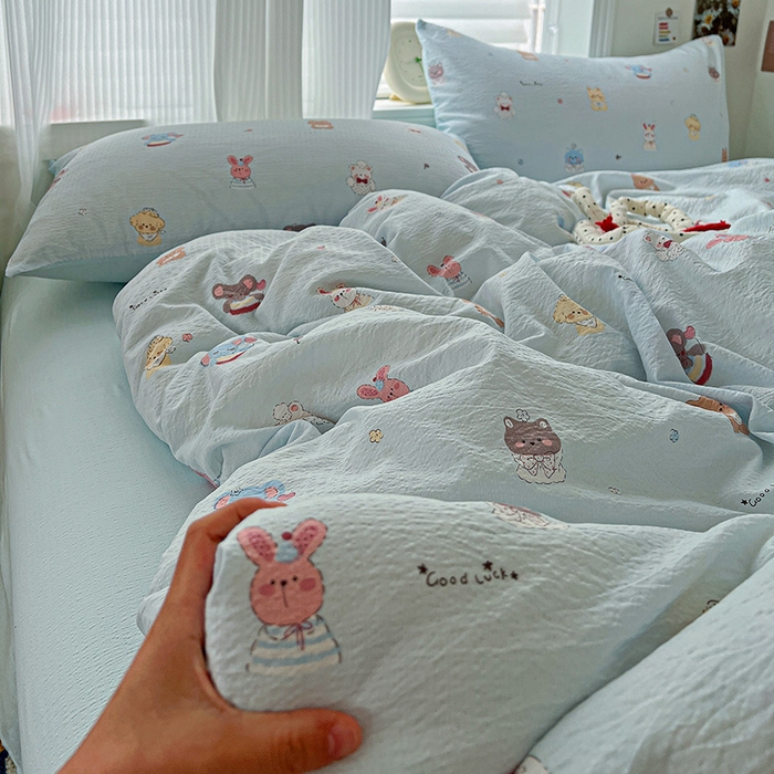 91家纺网 家纺一手货源 找家纺 梦纤绒 2025新款云感木棉皱皱双层纱四件套-简单款 小萌狗