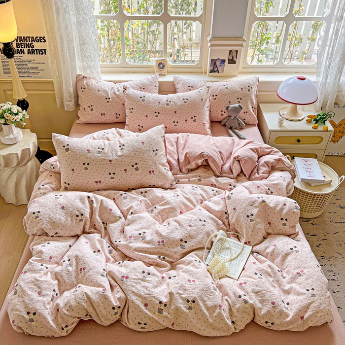 梦纤绒 2025新款云感木棉皱皱双层纱四件套-简单款 小萌狗粉