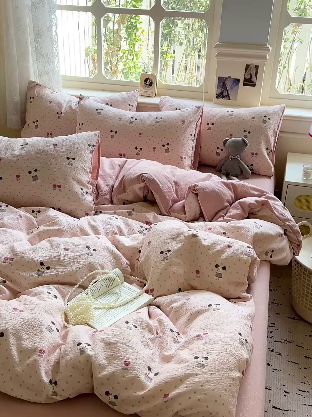 91家纺网 家纺一手货源 找家纺 梦纤绒 2025新款云感木棉皱皱双层纱四件套-简单款 小萌狗粉