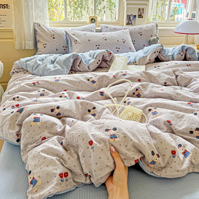 91家纺网 家纺一手货源 找家纺 梦纤绒 2025新款云感木棉皱皱双层纱四件套-简单款 小萌狗兰