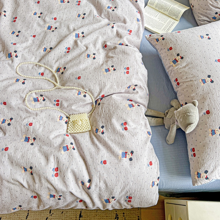 91家纺网 家纺一手货源 找家纺 梦纤绒 2025新款云感木棉皱皱双层纱四件套-简单款 小萌狗兰