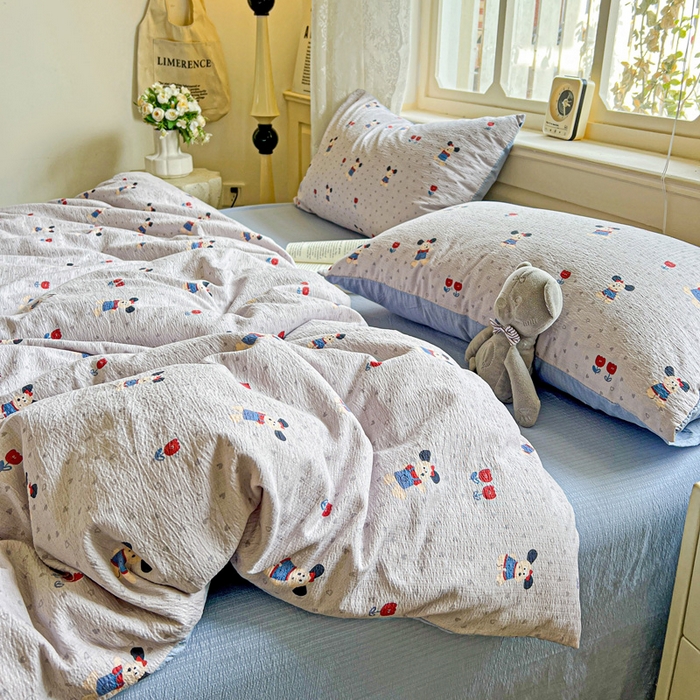 91家纺网 家纺一手货源 找家纺 梦纤绒 2025新款云感木棉皱皱双层纱四件套-简单款 小萌狗兰