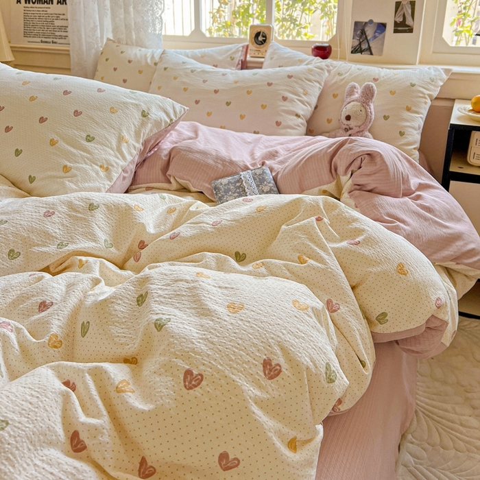 91家纺网 家纺一手货源 找家纺 梦纤绒 2025新款云感木棉皱皱双层纱四件套-简单款 小桃运