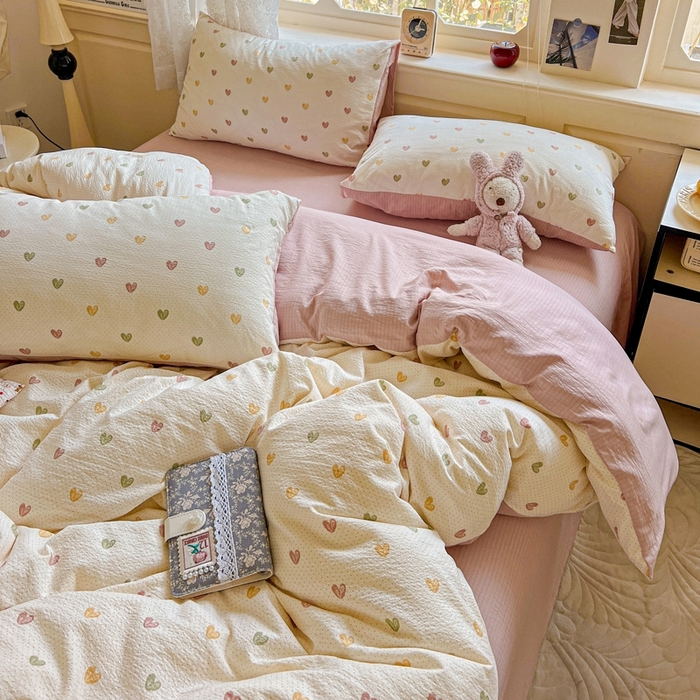 91家纺网 家纺一手货源 找家纺 梦纤绒 2025新款云感木棉皱皱双层纱四件套-简单款 小桃运