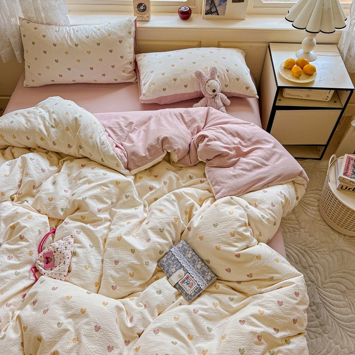 91家纺网 家纺一手货源 找家纺 梦纤绒 2025新款云感木棉皱皱双层纱四件套-简单款 小桃运