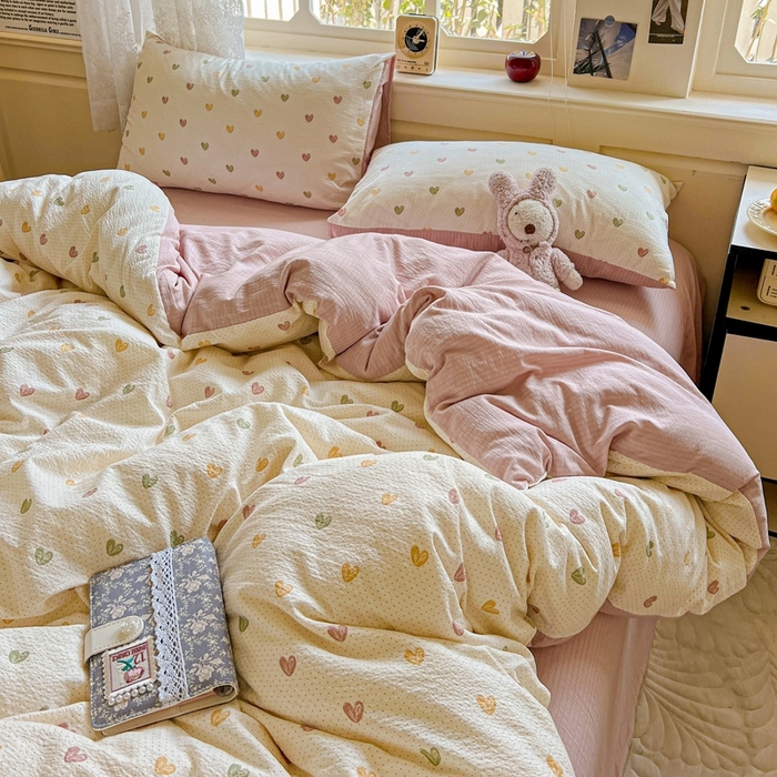 91家纺网 家纺一手货源 找家纺 梦纤绒 2025新款云感木棉皱皱双层纱四件套-简单款 小桃运