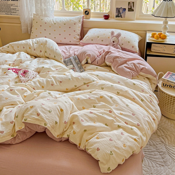 91家纺网 家纺一手货源 找家纺 梦纤绒 2025新款云感木棉皱皱双层纱四件套-简单款 小桃运