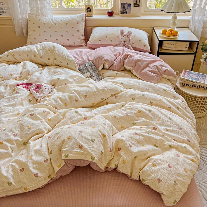 91家纺网 家纺一手货源 找家纺 梦纤绒 2025新款云感木棉皱皱双层纱四件套-简单款 小桃运