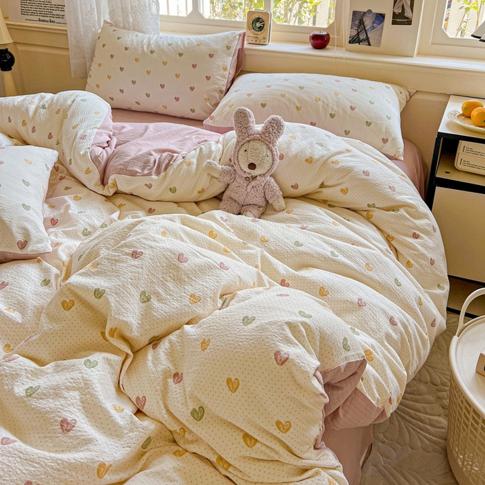 91家纺网 家纺一手货源 找家纺 梦纤绒 2025新款云感木棉皱皱双层纱四件套-简单款 小桃运