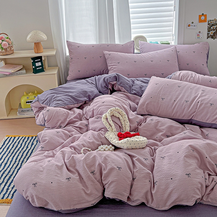 91家纺网 家纺一手货源 找家纺 梦纤绒 2025新款云感木棉皱皱双层纱四件套-简单款 心意紫