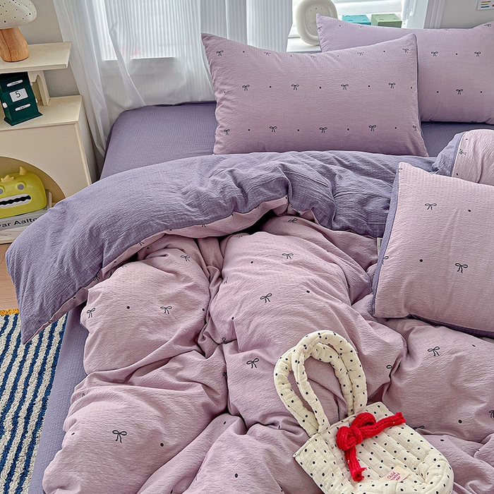 91家纺网 家纺一手货源 找家纺 梦纤绒 2025新款云感木棉皱皱双层纱四件套-简单款 心意紫