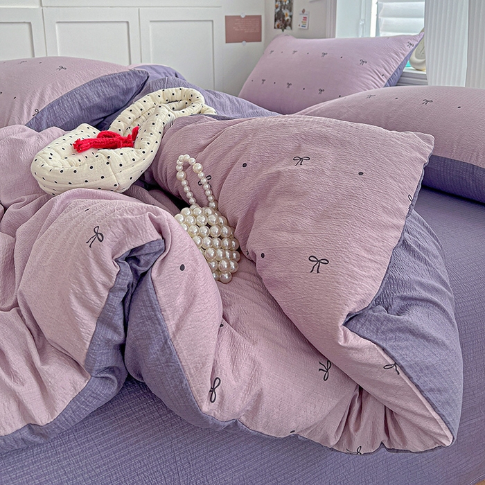 91家纺网 家纺一手货源 找家纺 梦纤绒 2025新款云感木棉皱皱双层纱四件套-简单款 心意紫