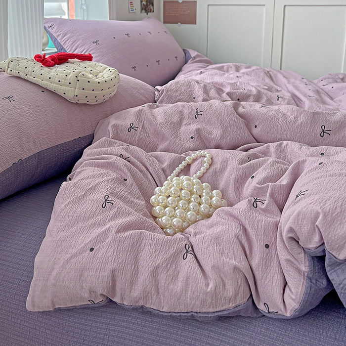 91家纺网 家纺一手货源 找家纺 梦纤绒 2025新款云感木棉皱皱双层纱四件套-简单款 心意紫