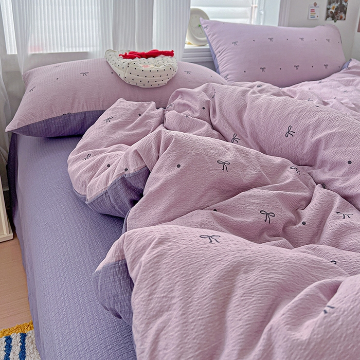 91家纺网 家纺一手货源 找家纺 梦纤绒 2025新款云感木棉皱皱双层纱四件套-简单款 心意紫