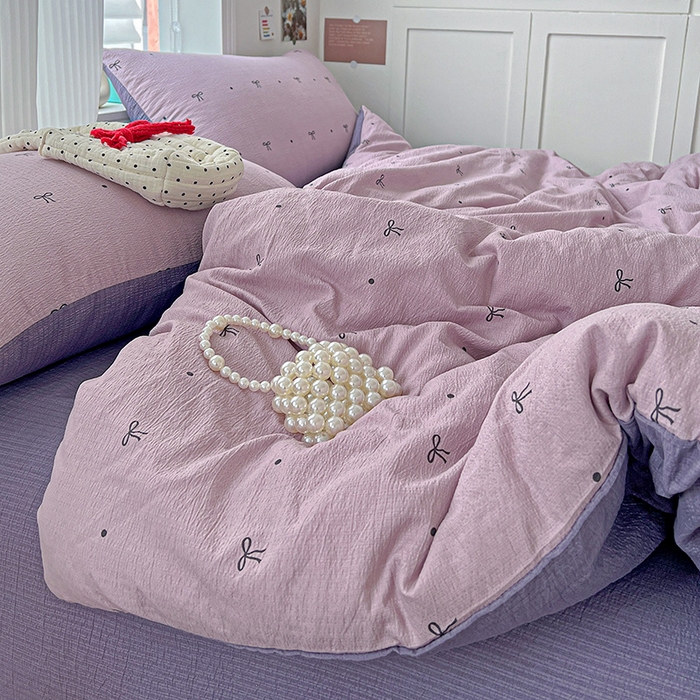 91家纺网 家纺一手货源 找家纺 梦纤绒 2025新款云感木棉皱皱双层纱四件套-简单款 心意紫