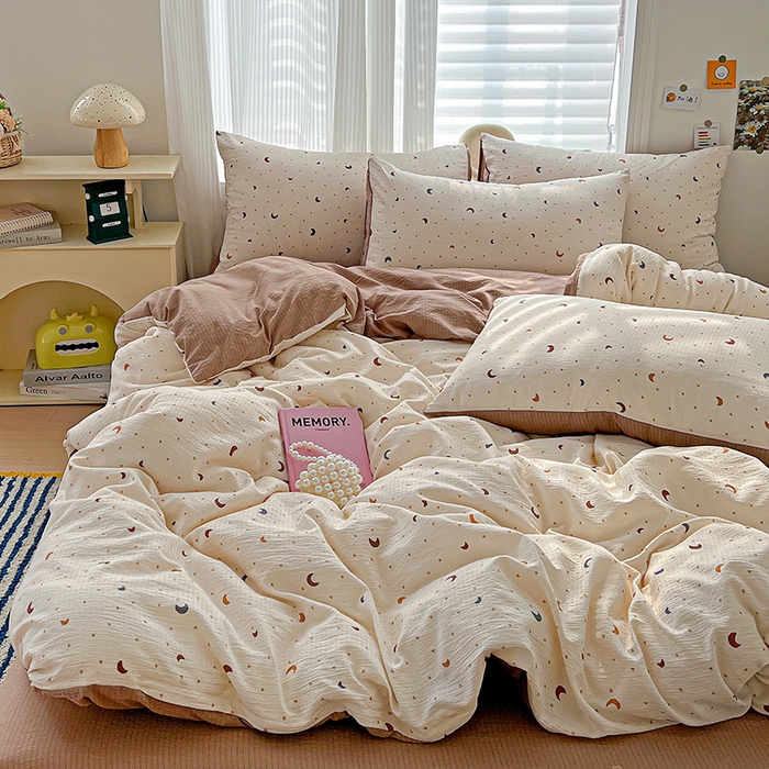 91家纺网 家纺一手货源 找家纺 梦纤绒 2025新款云感木棉皱皱双层纱四件套-简单款 星空咖