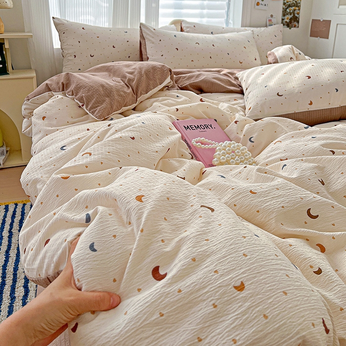 91家纺网 家纺一手货源 找家纺 梦纤绒 2025新款云感木棉皱皱双层纱四件套-简单款 星空咖