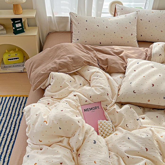 91家纺网 家纺一手货源 找家纺 梦纤绒 2025新款云感木棉皱皱双层纱四件套-简单款 星空咖