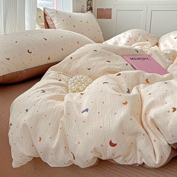 91家纺网 家纺一手货源 找家纺 梦纤绒 2025新款云感木棉皱皱双层纱四件套-简单款 星空咖