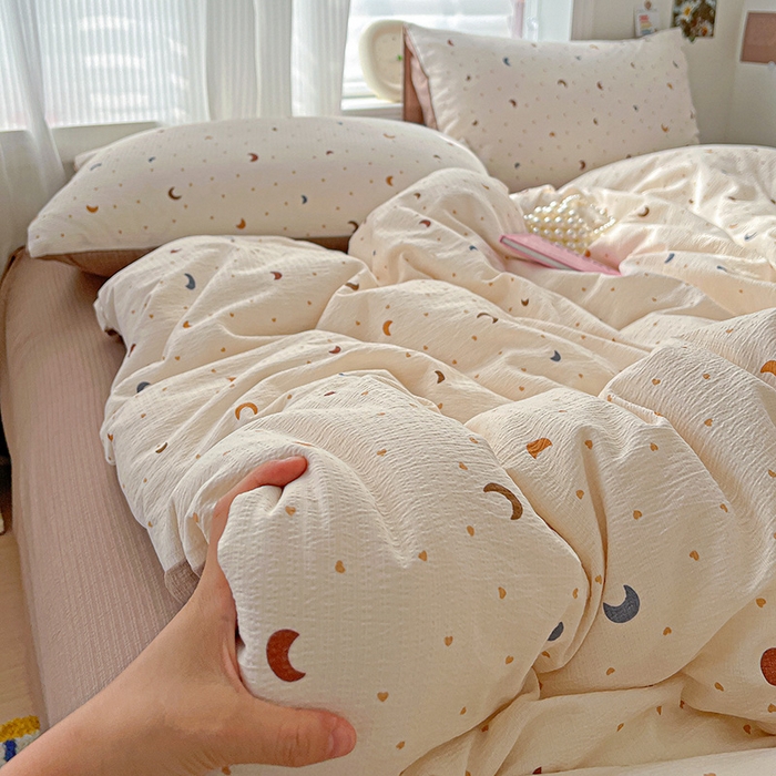 91家纺网 家纺一手货源 找家纺 梦纤绒 2025新款云感木棉皱皱双层纱四件套-简单款 星空咖