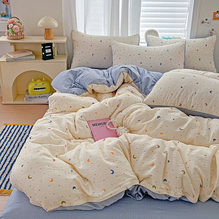 91家纺网 家纺一手货源 找家纺 梦纤绒 2025新款云感木棉皱皱双层纱四件套-简单款 星空蓝