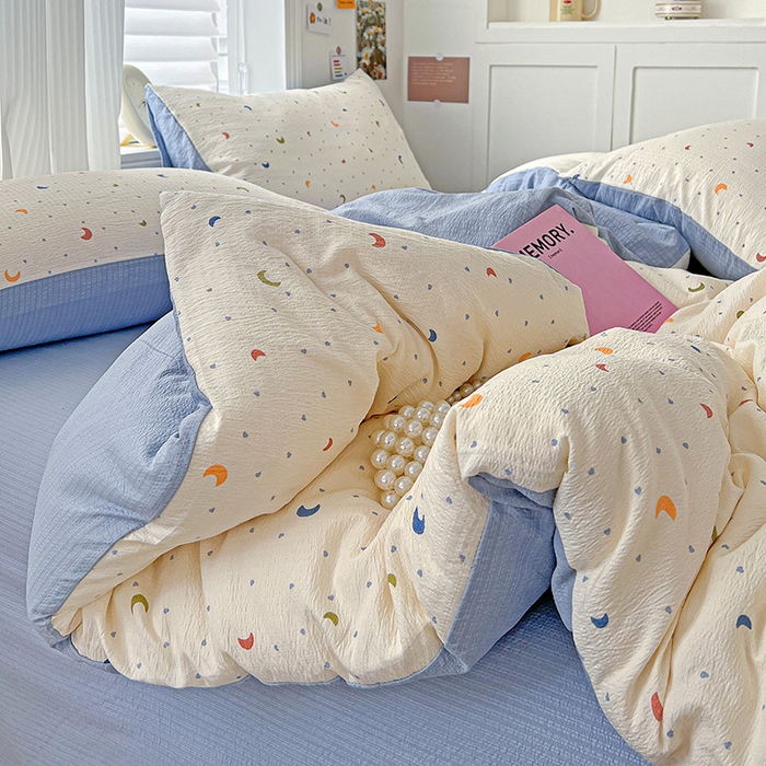 91家纺网 家纺一手货源 找家纺 梦纤绒 2025新款云感木棉皱皱双层纱四件套-简单款 星空蓝