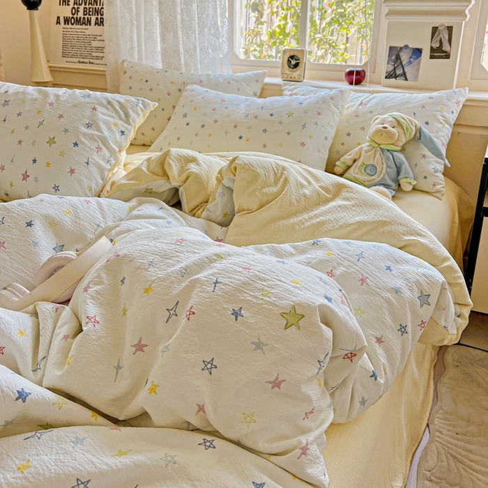 91家纺网 家纺一手货源 找家纺 梦纤绒 2025新款云感木棉皱皱双层纱四件套-简单款 星空物语