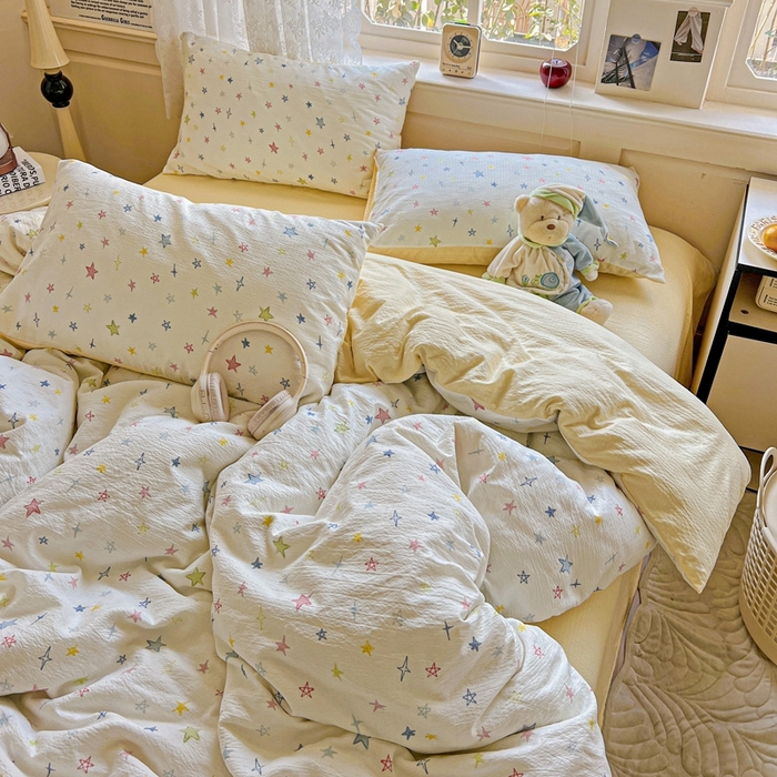 91家纺网 家纺一手货源 找家纺 梦纤绒 2025新款云感木棉皱皱双层纱四件套-简单款 星空物语