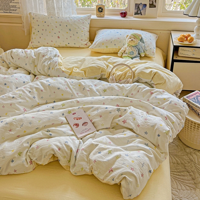 91家纺网 家纺一手货源 找家纺 梦纤绒 2025新款云感木棉皱皱双层纱四件套-简单款 星空物语