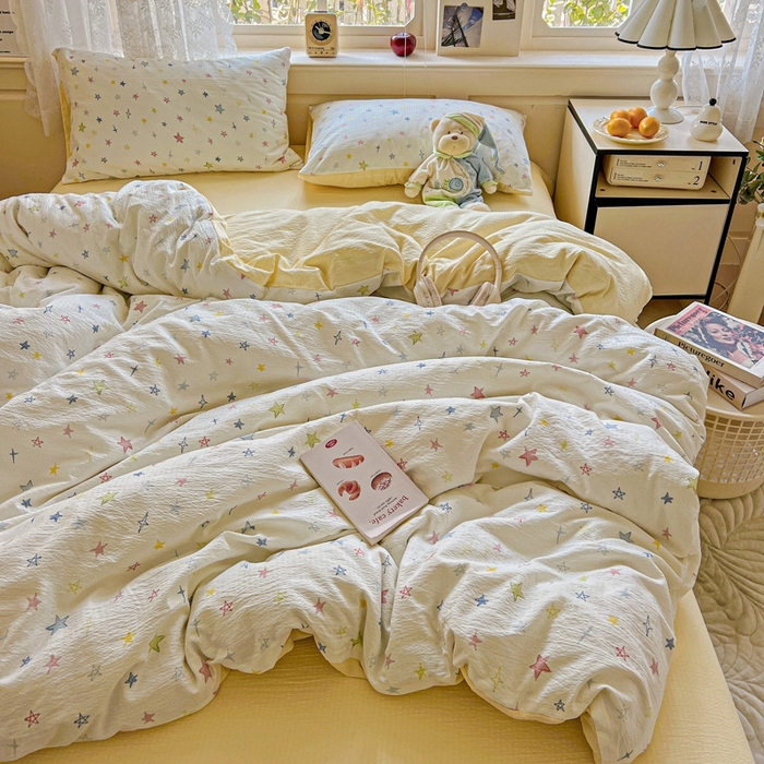 91家纺网 家纺一手货源 找家纺 梦纤绒 2025新款云感木棉皱皱双层纱四件套-简单款 星空物语