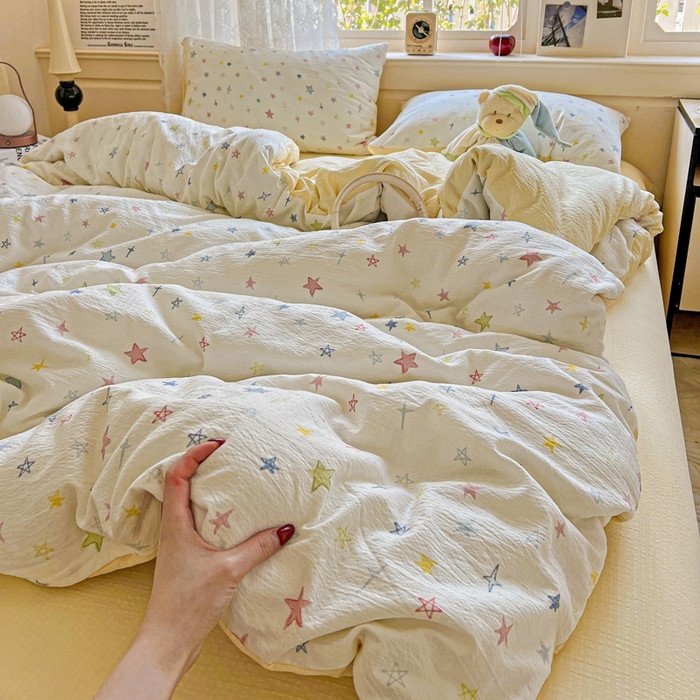 91家纺网 家纺一手货源 找家纺 梦纤绒 2025新款云感木棉皱皱双层纱四件套-简单款 星空物语