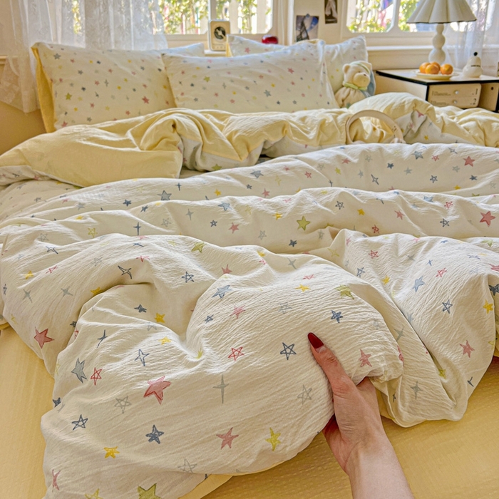 91家纺网 家纺一手货源 找家纺 梦纤绒 2025新款云感木棉皱皱双层纱四件套-简单款 星空物语